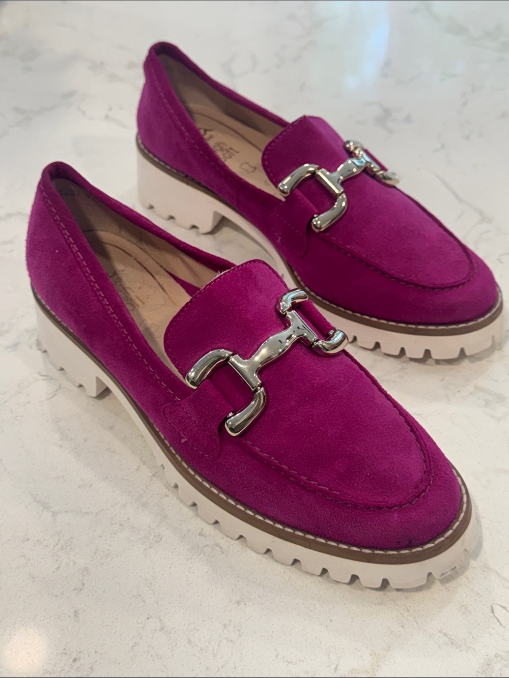 Ara Kiana Lug-Sole Pink Suede Buckle Loafers Shoes with Gold Toned Hardware - 7